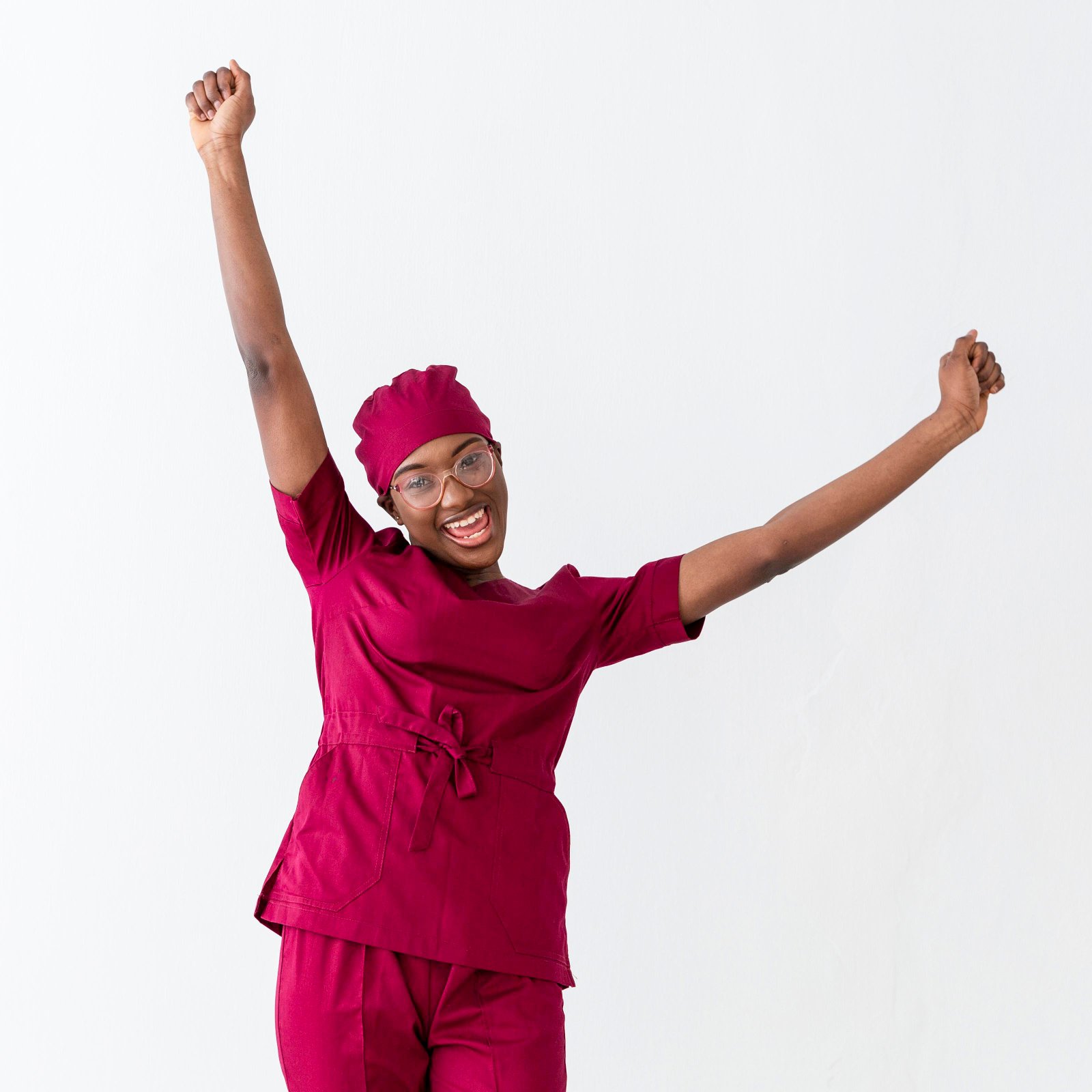 woman-medic-cheering-with-hands-air
